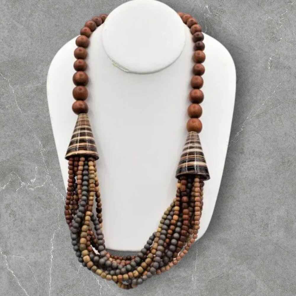 Vintage Tribal Necklace Wood Bead & Shell Multi-Strand